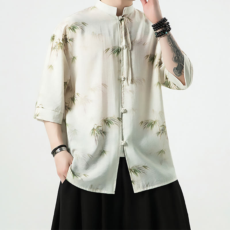 Buddha Stones緑 黄 竹の葉 プリント 半袖シャツ メンズ Tシャツ - image 8