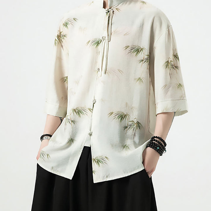 Buddha Stones緑 黄 竹の葉 プリント 半袖シャツ メンズ Tシャツ - image 5