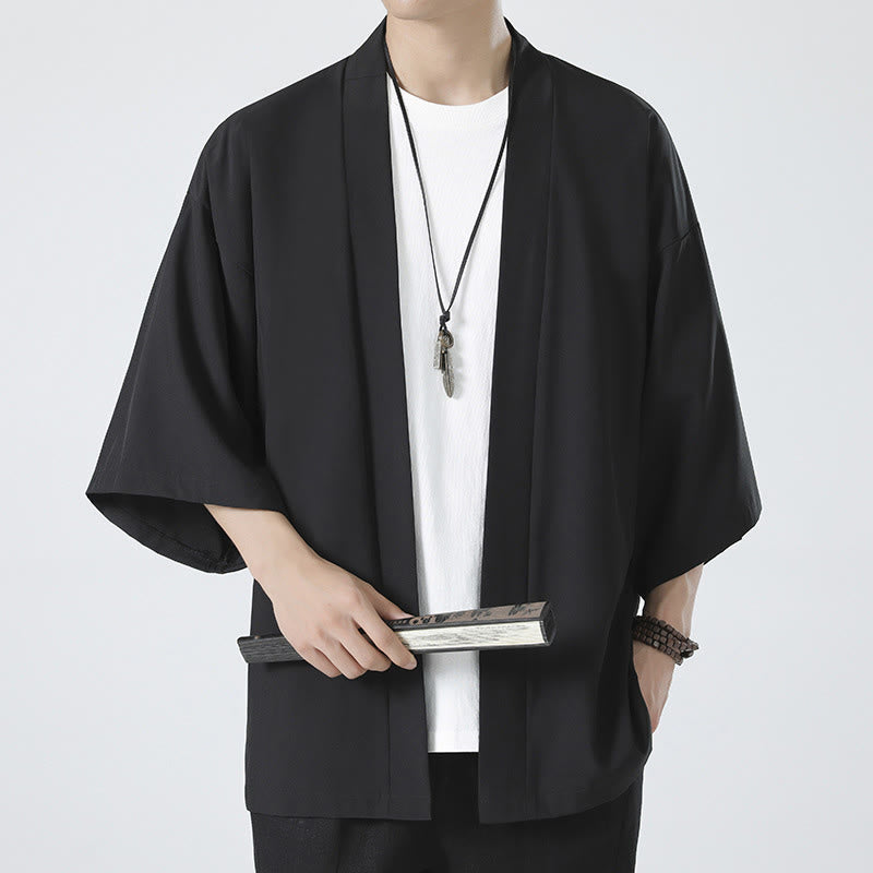 Buddha Stones無地オープンフロントジャケットメンズ着物 - ブラック（ジャケットのみ） - US/UK/AU46、 EU56 (5XL) - image 0