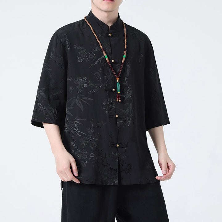 Buddha Stones、桃の花、竹の葉、カエルボタンの中国風半袖シャツ、メンズTシャツ