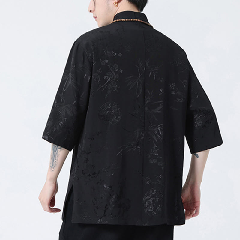 Buddha Stones、桃の花、竹の葉、カエルボタンの中国風半袖シャツ、メンズTシャツ