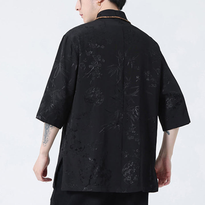 Buddha Stones、桃の花、竹の葉、カエルボタンの中国風半袖シャツ、メンズTシャツ