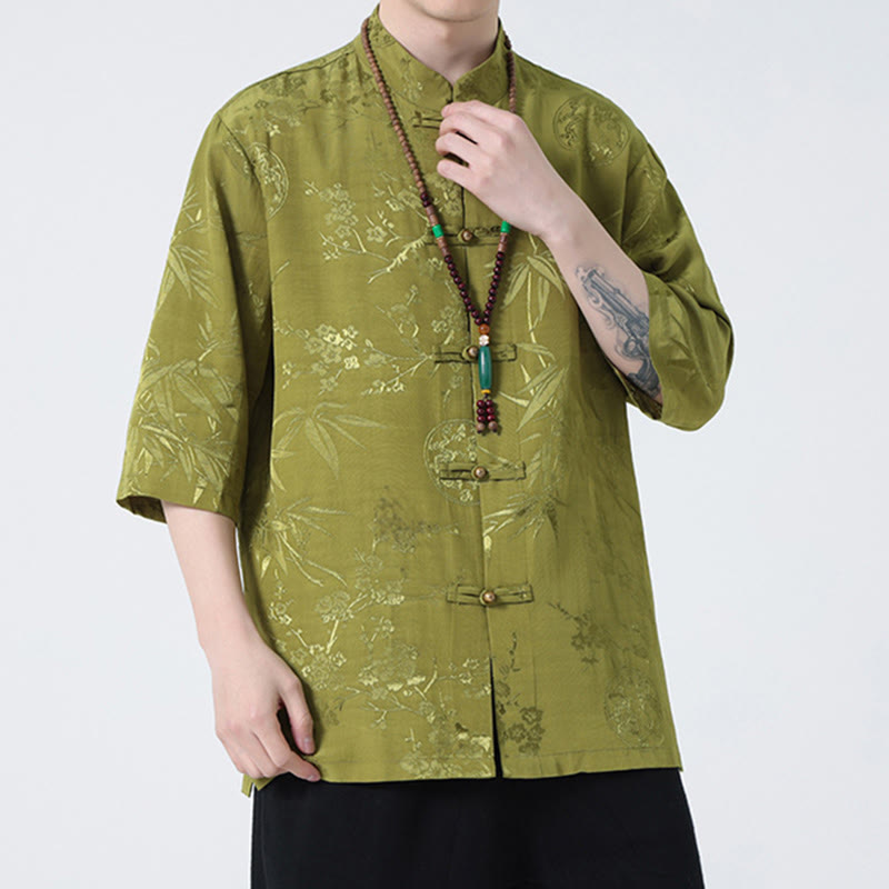Buddha Stones、桃の花、竹の葉、カエルボタンの中国風半袖シャツ、メンズTシャツ