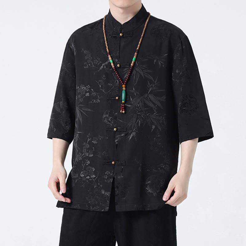 Buddha Stones、桃の花、竹の葉、カエルボタンの中国風半袖シャツ、メンズTシャツ