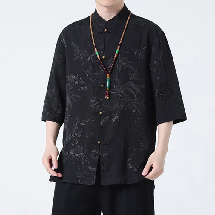 Buddha Stones、桃の花、竹の葉、カエルボタンの中国風半袖シャツ、メンズTシャツ