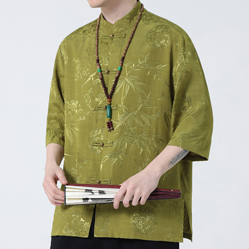 Buddha Stones、桃の花、竹の葉、カエルボタンの中国風半袖シャツ、メンズTシャツ