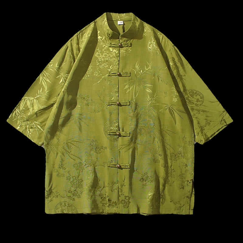 Buddha Stones、桃の花、竹の葉、カエルボタンの中国風半袖シャツ、メンズTシャツ