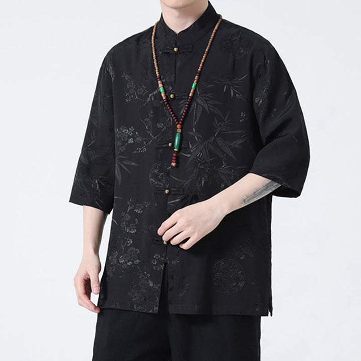 Buddha Stones、桃の花、竹の葉、カエルボタンの中国風半袖シャツ、メンズTシャツ