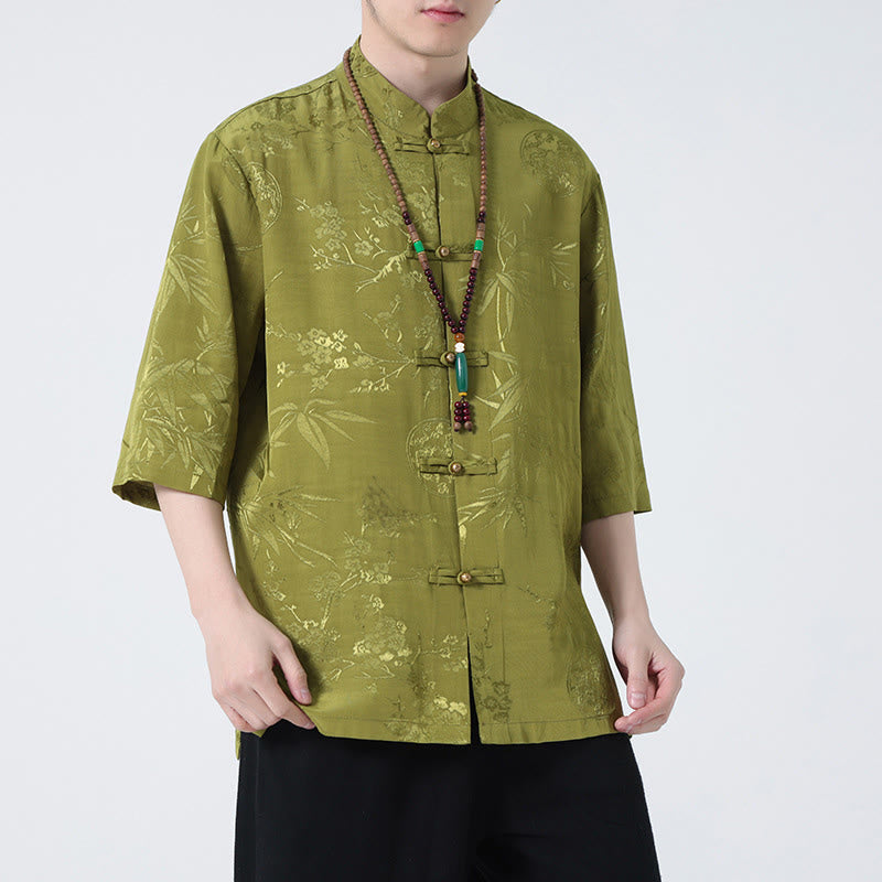 Buddha Stones、桃の花、竹の葉、カエルボタンの中国風半袖シャツ、メンズTシャツ