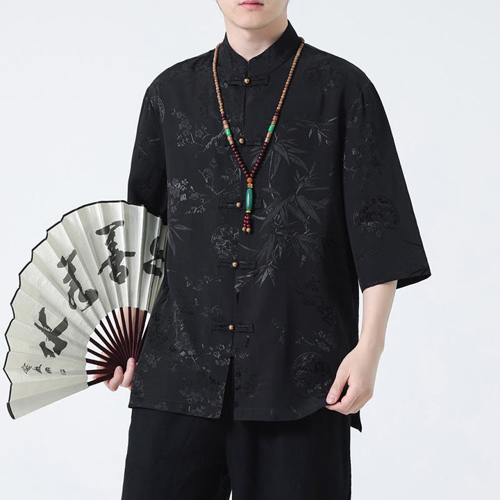 Buddha Stones、桃の花、竹の葉、カエルボタンの中国風半袖シャツ、メンズTシャツ