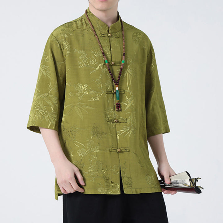 Buddha Stones、桃の花、竹の葉、カエルボタンの中国風半袖シャツ、メンズTシャツ