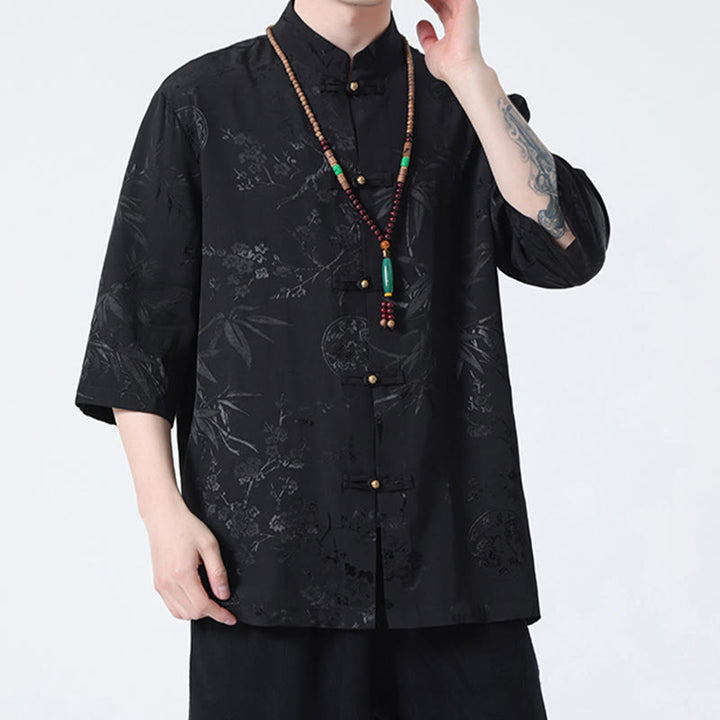 Buddha Stones、桃の花、竹の葉、カエルボタンの中国風半袖シャツ、メンズTシャツ