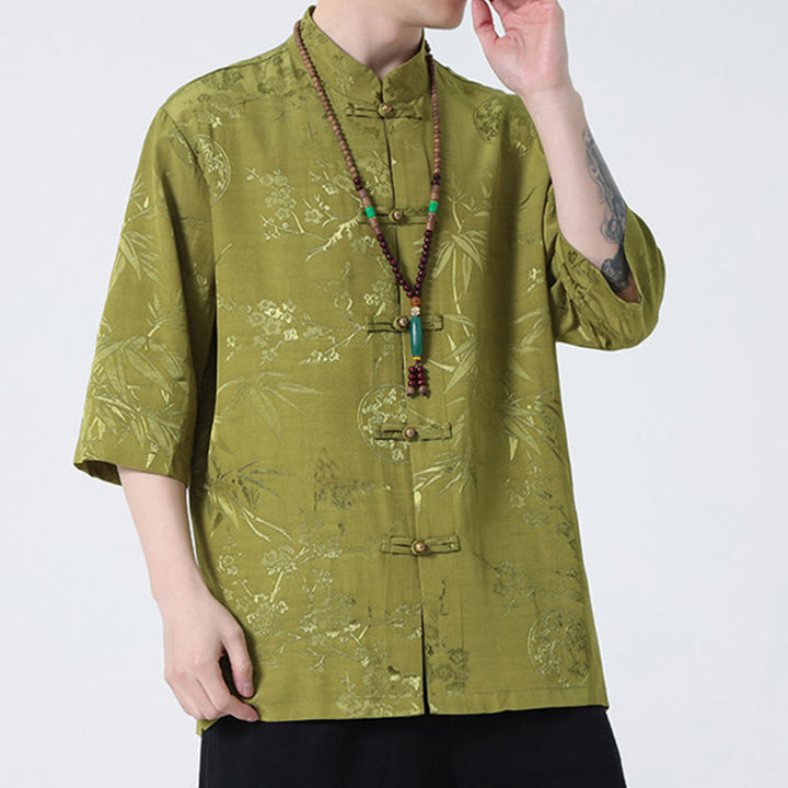 Buddha Stones、桃の花、竹の葉、カエルボタンの中国風半袖シャツ、メンズTシャツ