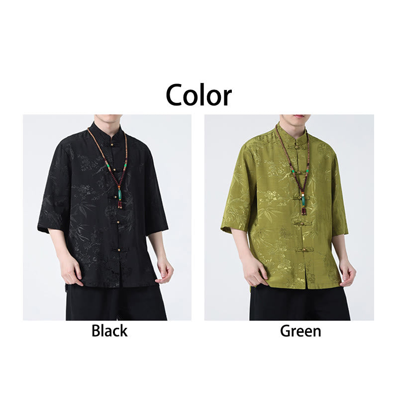 Buddha Stones、桃の花、竹の葉、カエルボタンの中国風半袖シャツ、メンズTシャツ