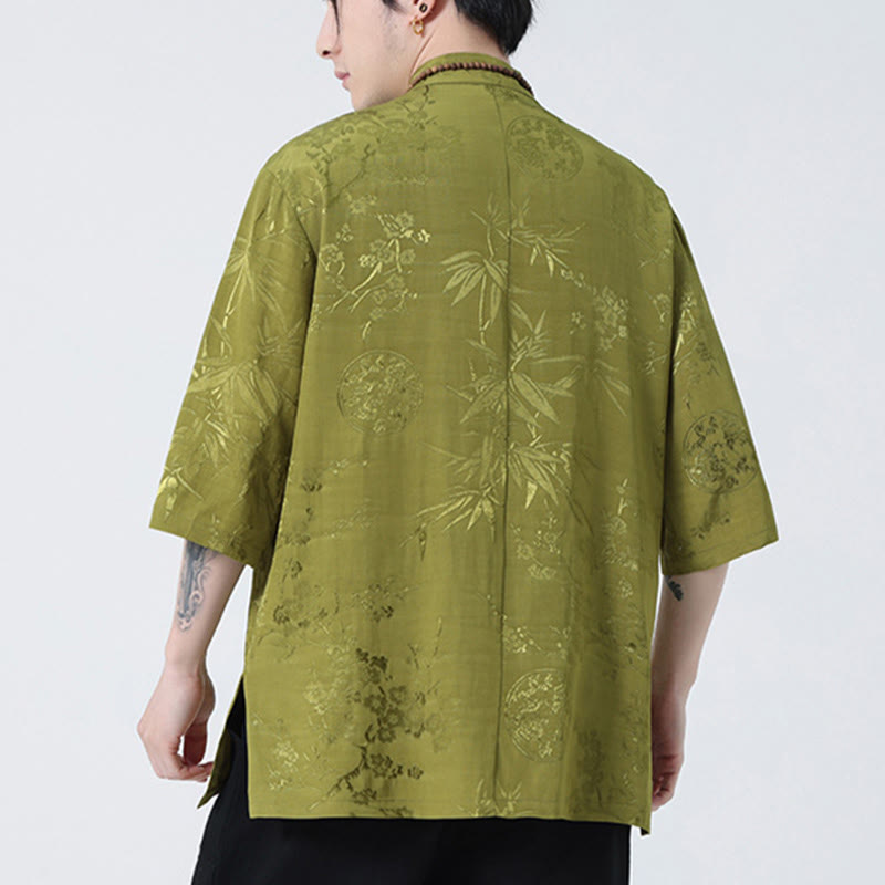 Buddha Stones、桃の花、竹の葉、カエルボタンの中国風半袖シャツ、メンズTシャツ