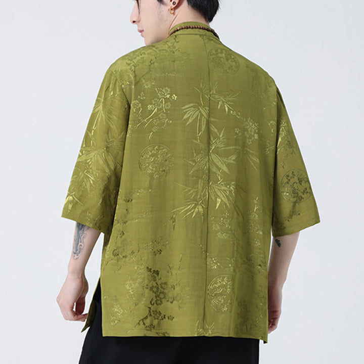 Buddha Stones、桃の花、竹の葉、カエルボタンの中国風半袖シャツ、メンズTシャツ