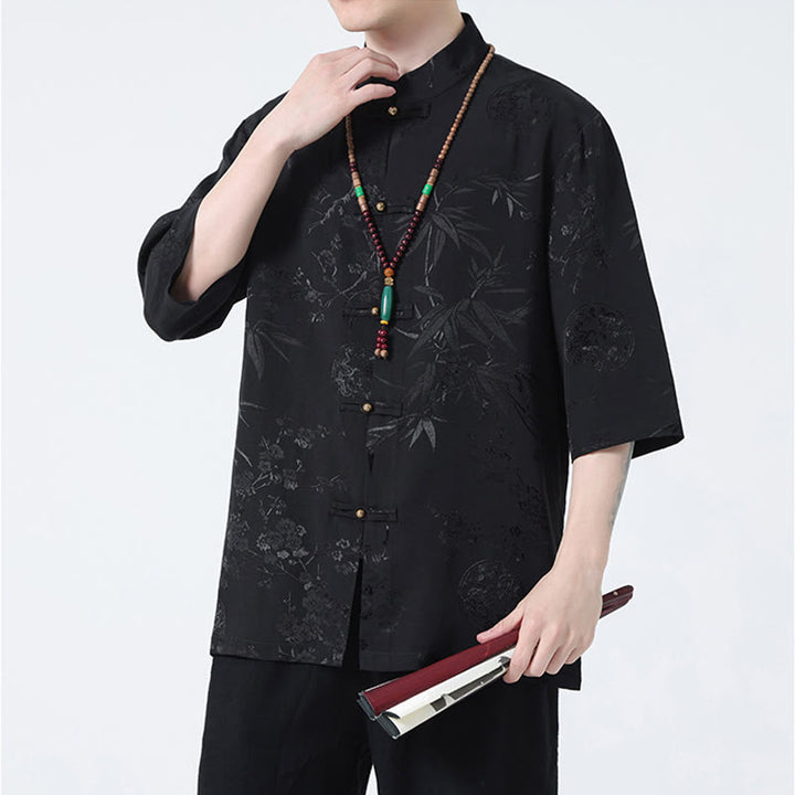 Buddha Stones、桃の花、竹の葉、カエルボタンの中国風半袖シャツ、メンズTシャツ