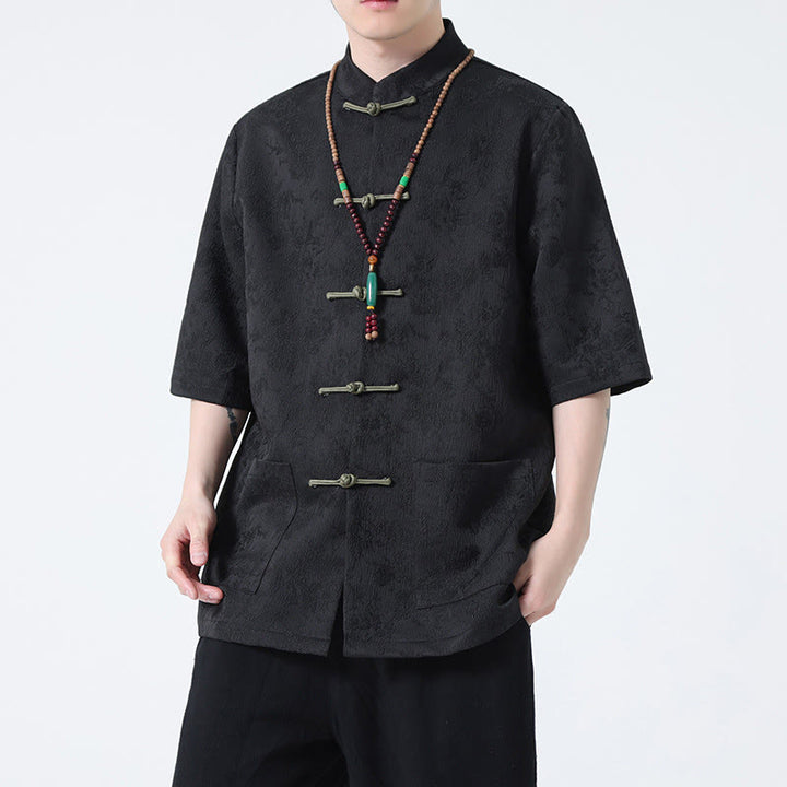 Buddha Stones無地ジャカードフロッグボタンチャイナ半袖シャツメンズTシャツ