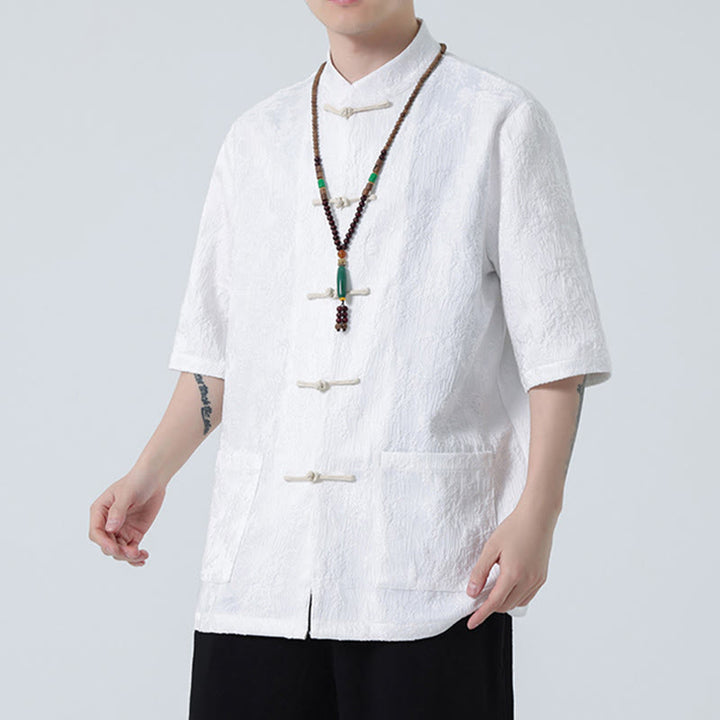 Buddha Stones無地ジャカードフロッグボタンチャイナ半袖シャツメンズTシャツ