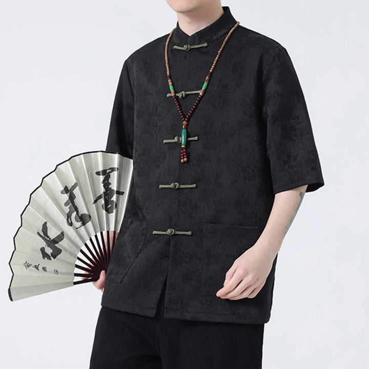 Buddha Stones無地ジャカードフロッグボタンチャイナ半袖シャツメンズTシャツ