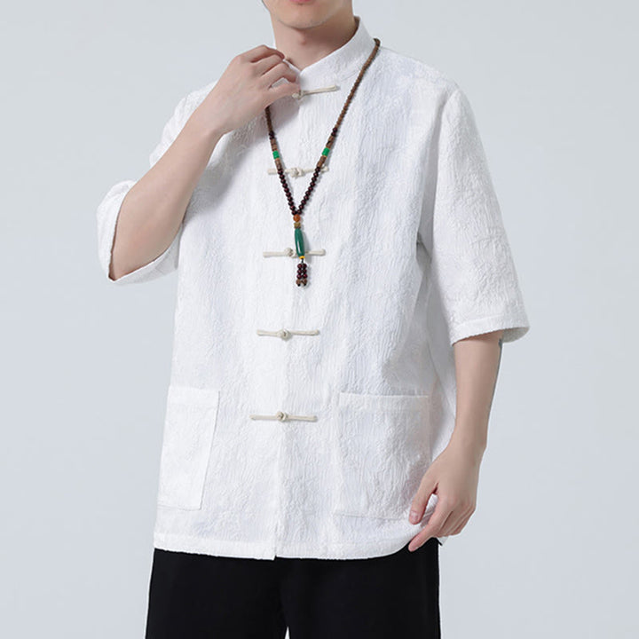 Buddha Stones無地ジャカードフロッグボタンチャイナ半袖シャツメンズTシャツ
