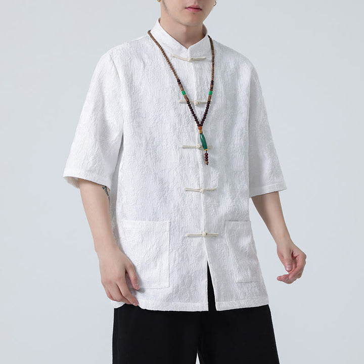 Buddha Stones無地ジャカードフロッグボタンチャイナ半袖シャツメンズTシャツ