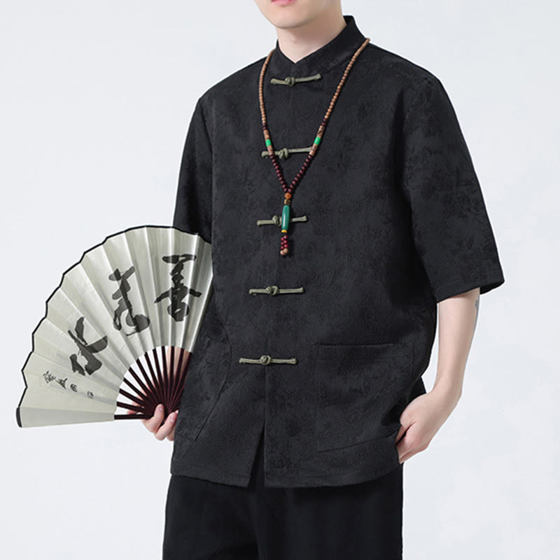 Buddha Stones無地ジャカードフロッグボタンチャイナ半袖シャツメンズTシャツ