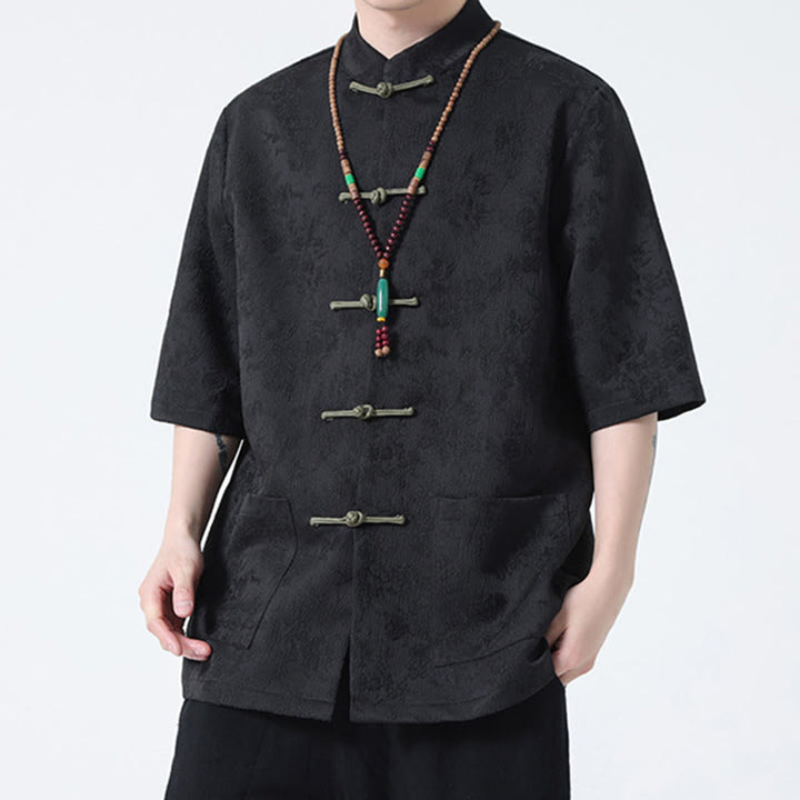 Buddha Stones無地ジャカードフロッグボタンチャイナ半袖シャツメンズTシャツ