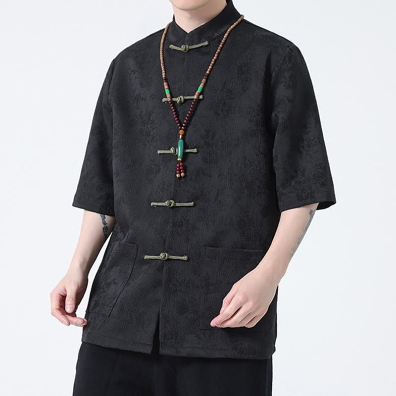 Buddha Stones無地ジャカードフロッグボタンチャイナ半袖シャツメンズTシャツ
