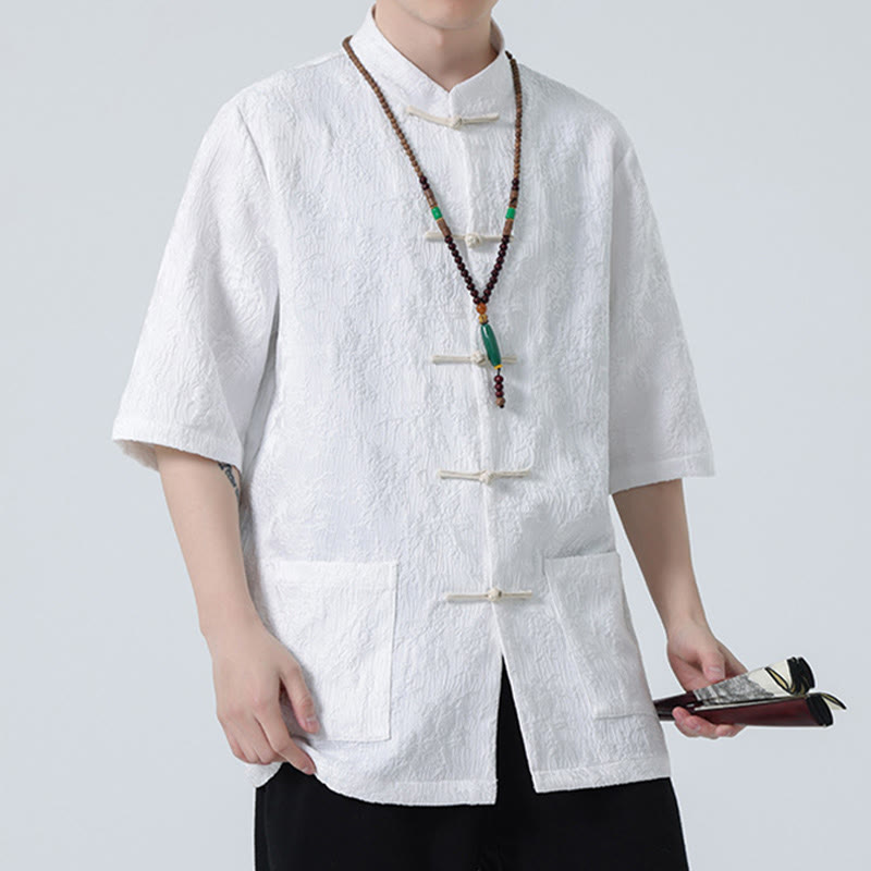 Buddha Stones無地ジャカードフロッグボタンチャイナ半袖シャツメンズTシャツ