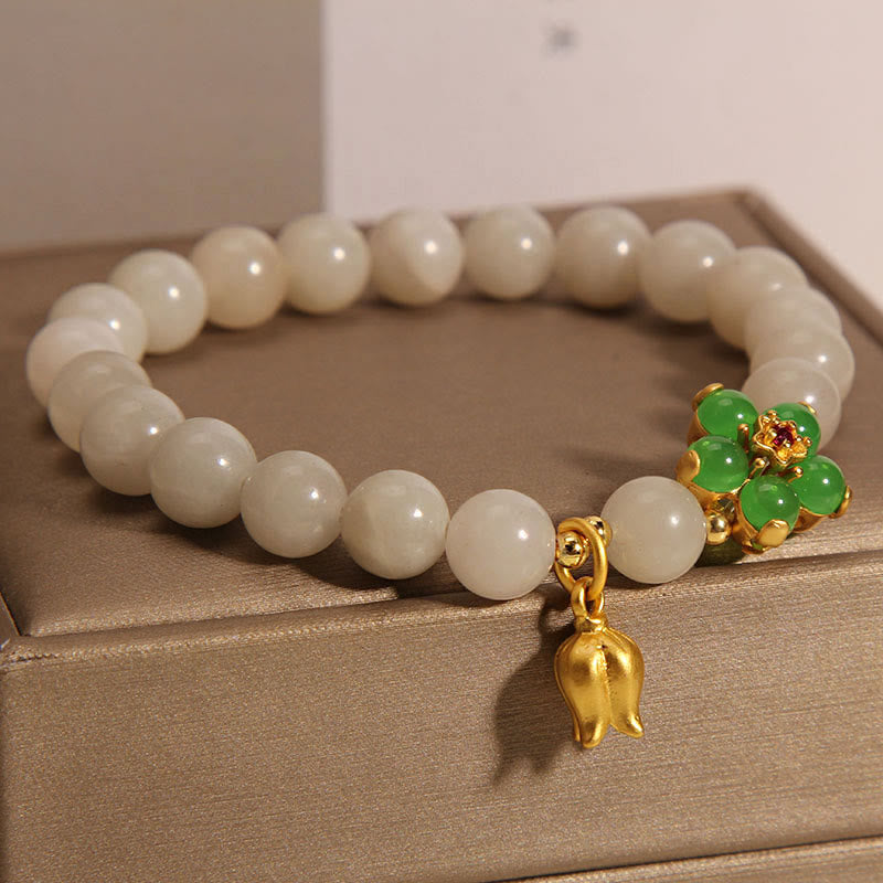 Buddha Stones天然翡翠グリーンフラワースズラン幸運ブレスレット
