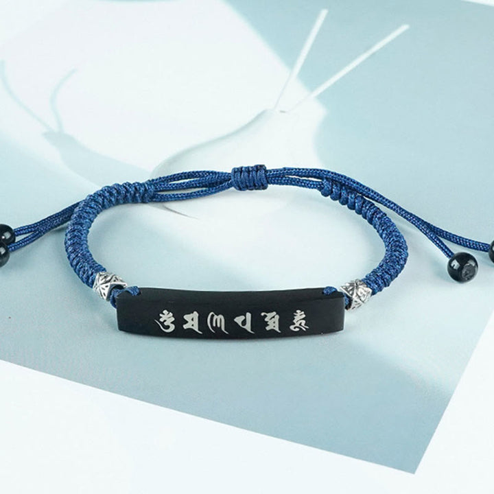 Buddha Stones仏教 六諦 木製黒檀銀象嵌守護ブレスレット