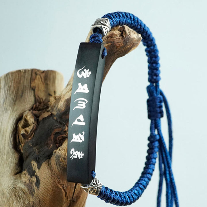 Buddha Stones仏教 六諦 木製黒檀銀象嵌守護ブレスレット