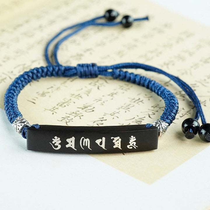 Buddha Stones仏教 六諦 木製黒檀銀象嵌守護ブレスレット