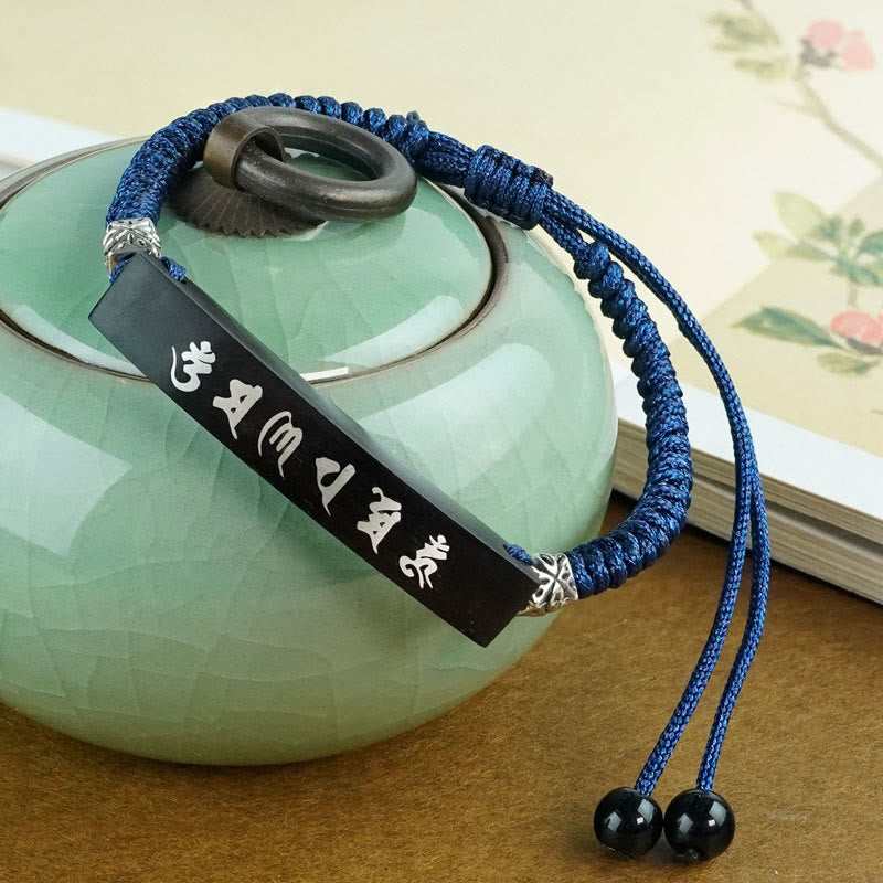 Buddha Stones仏教 六諦 木製黒檀銀象嵌守護ブレスレット