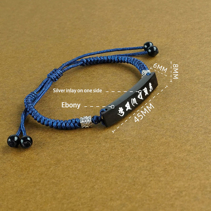 Buddha Stones仏教 六諦 木製黒檀銀象嵌守護ブレスレット