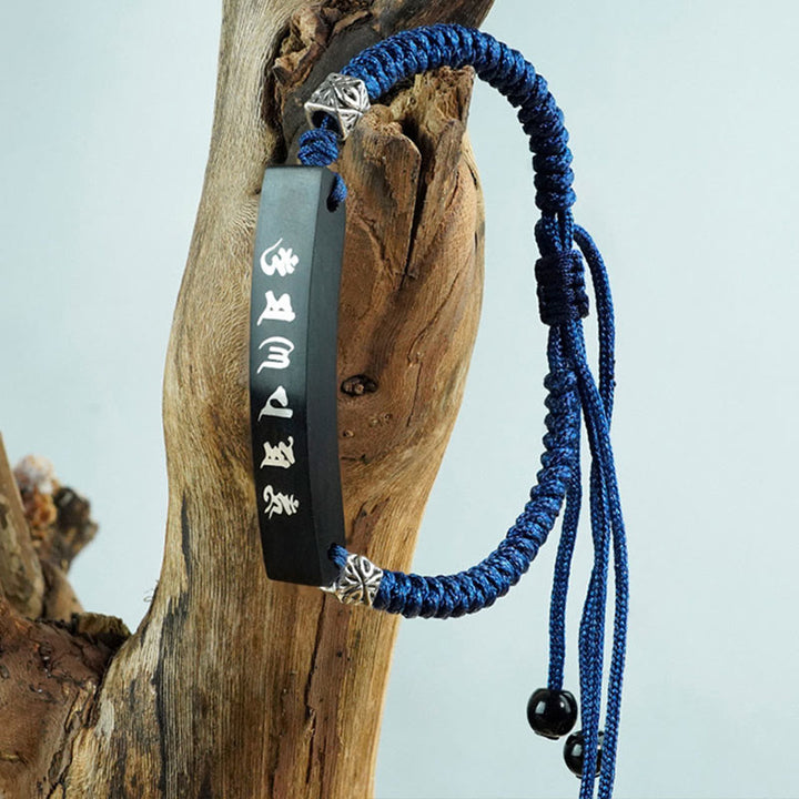 Buddha Stones仏教 六諦 木製黒檀銀象嵌守護ブレスレット