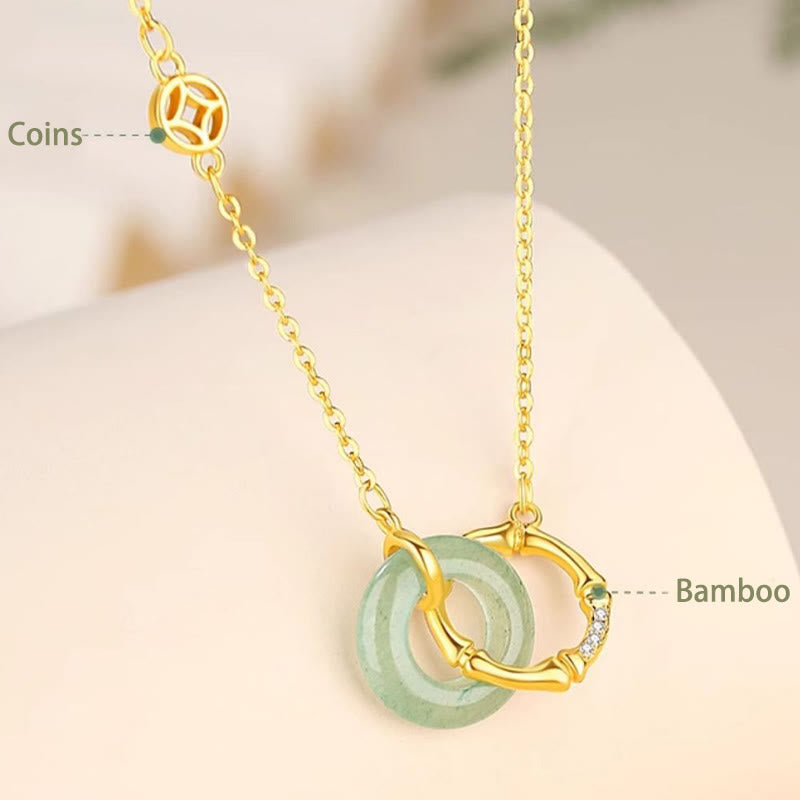 Buddha Stones925スターリングシルバー 天然グリーンアベンチュリン 平和バックル 竹コイン 繁栄のネックレスペンダント