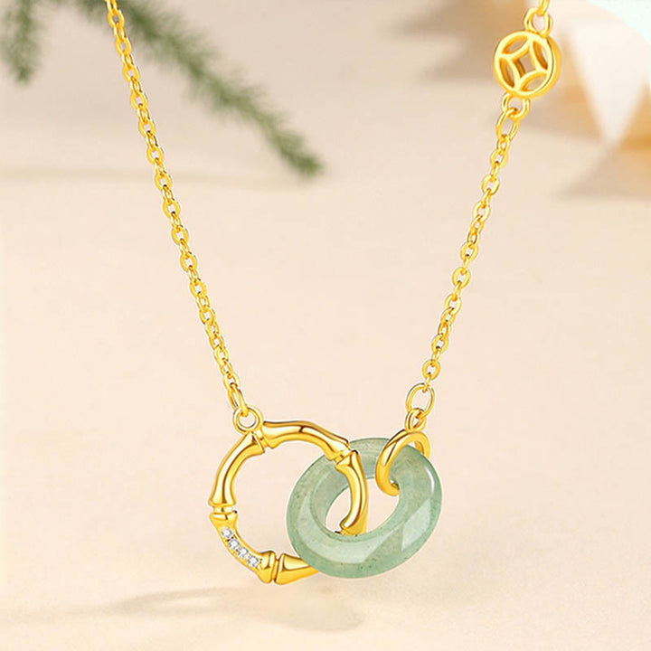 Buddha Stones925スターリングシルバー 天然グリーンアベンチュリン 平和バックル 竹コイン 繁栄のネックレスペンダント