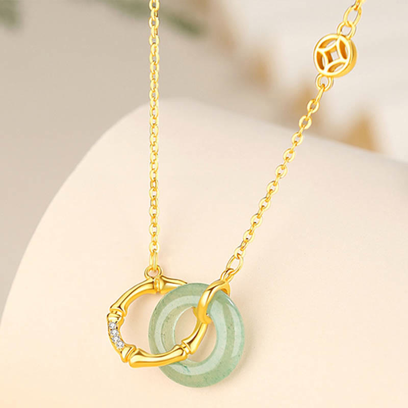 Buddha Stones925スターリングシルバー 天然グリーンアベンチュリン 平和バックル 竹コイン 繁栄のネックレスペンダント