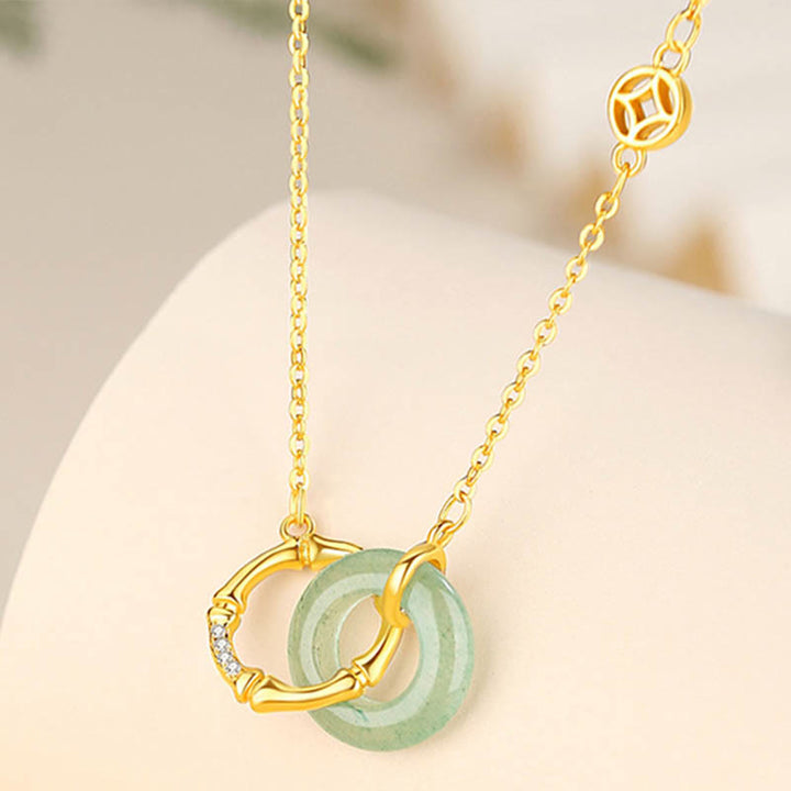 Buddha Stones925スターリングシルバー 天然グリーンアベンチュリン 平和バックル 竹コイン 繁栄のネックレスペンダント