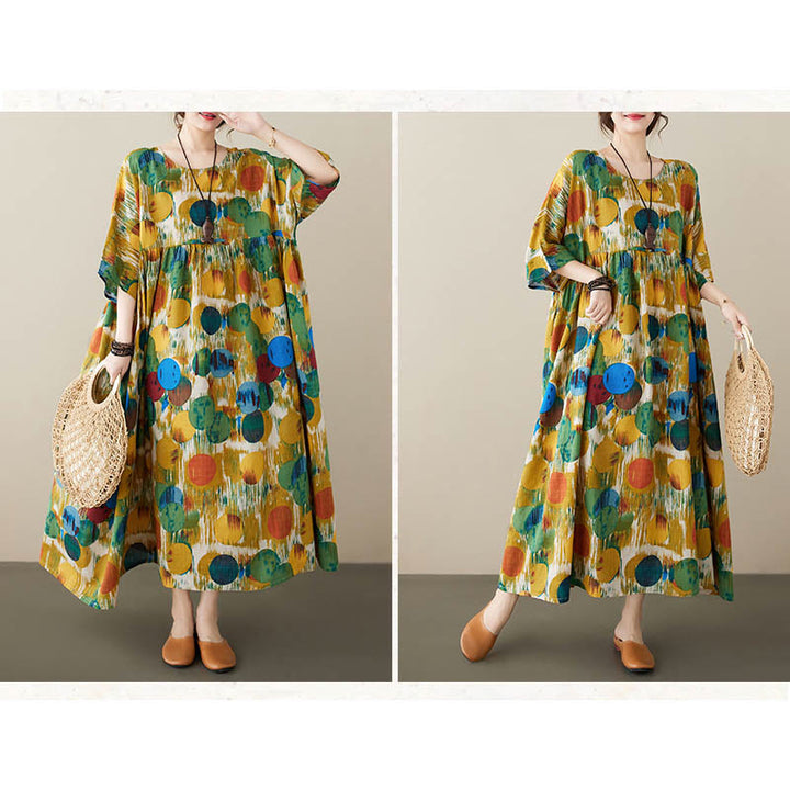 Buddha Stonesオレンジグリーンカラフル水玉模様ミディドレスコットン半袖チュニックドレスポケット付き - image 16