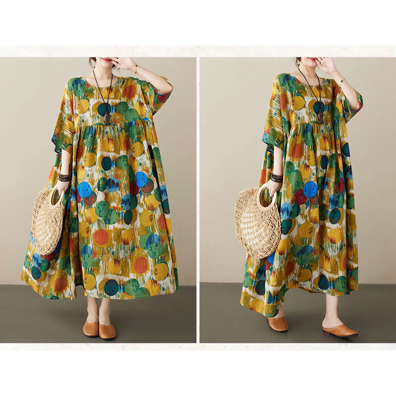 Buddha Stonesオレンジグリーンカラフル水玉模様ミディドレスコットン半袖チュニックドレスポケット付き - image 17