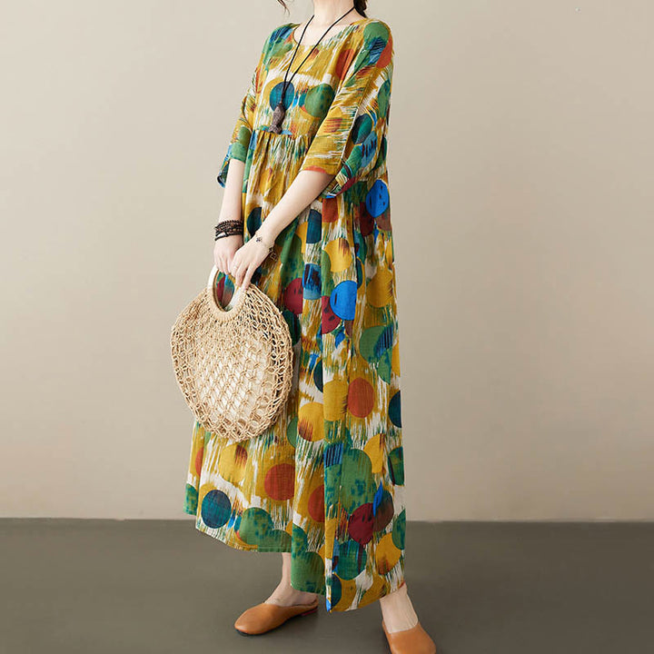 Buddha Stonesオレンジグリーンカラフル水玉模様ミディドレスコットン半袖チュニックドレスポケット付き - グリーン（ドレスのみ） - F(バスト142cm/裾幅130cm/着丈120cm) - image 11