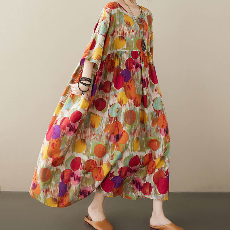 Buddha Stonesオレンジグリーンカラフル水玉模様ミディドレスコットン半袖チュニックドレスポケット付き - image 4