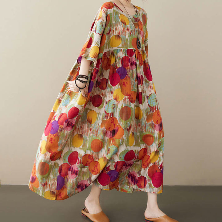 Buddha Stonesオレンジグリーンカラフル水玉模様ミディドレスコットン半袖チュニックドレスポケット付き - image 4