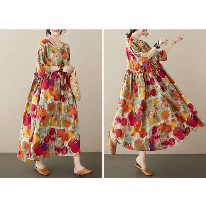 Buddha Stonesオレンジグリーンカラフル水玉模様ミディドレスコットン半袖チュニックドレスポケット付き - image 9