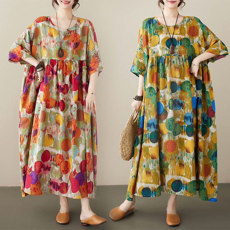 Buddha Stonesオレンジグリーンカラフル水玉模様ミディドレスコットン半袖チュニックドレスポケット付き - image 1