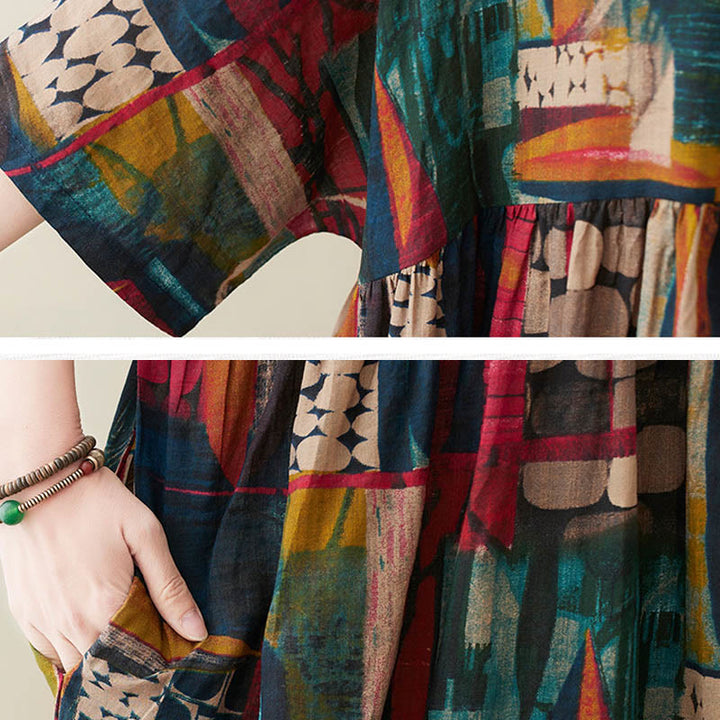 Buddha Stonesのカラフルなグラフィックミディドレス コットン半袖チュニックドレス ポケット付き - image 10