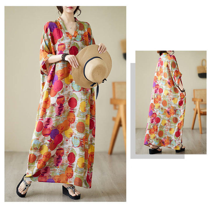 Buddha Stonesオレンジブルーカラフル水玉模様ミディドレスコットン半袖ドレスポケット付き - image 13